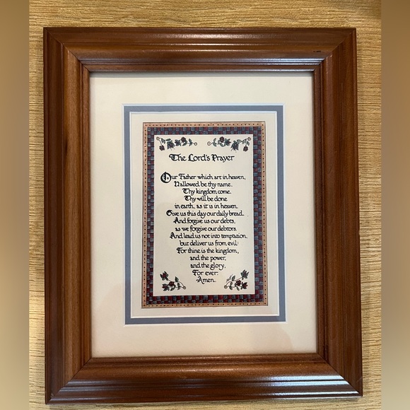 Framed Calligraphy “The Lord’s Prayer” art with oak(?) frame. Glass. - Picture 2 of 15